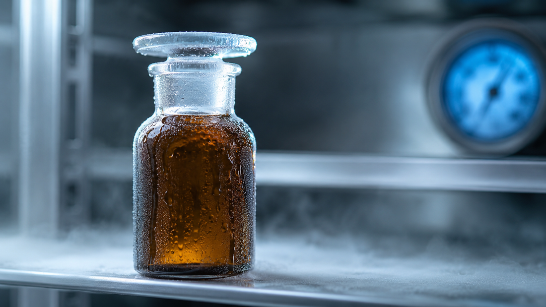 Amber glass bottle on a refrigerated shelf beside a temperature gauge