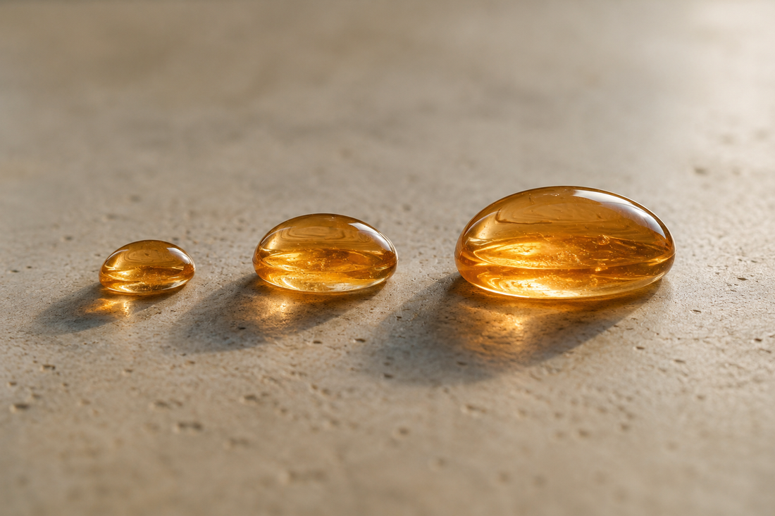 Three graduated amber droplets representing chemical peel depths