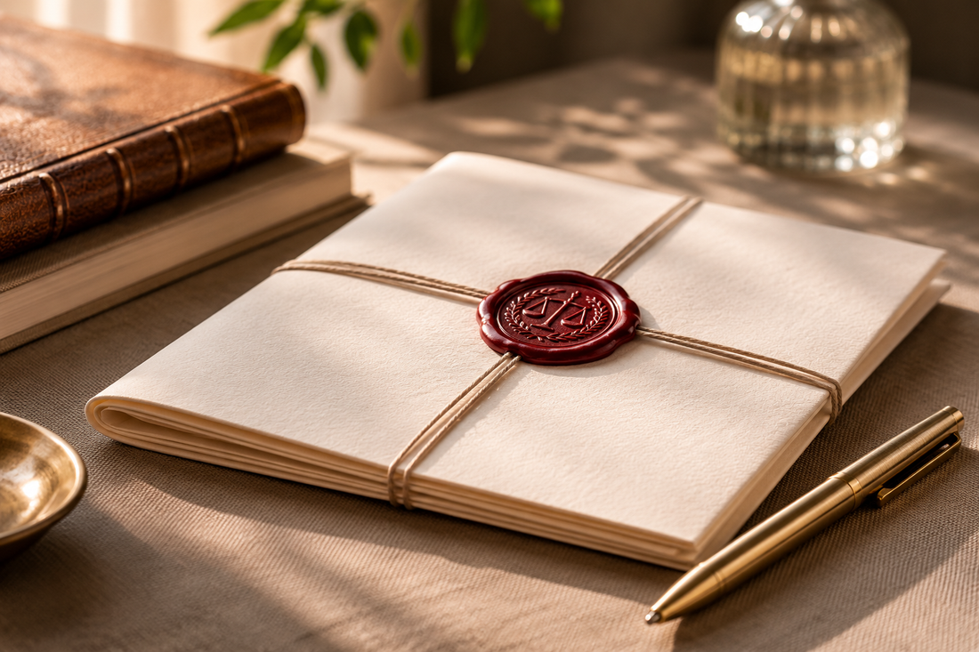 A wax-sealed document tied with cord on a desk