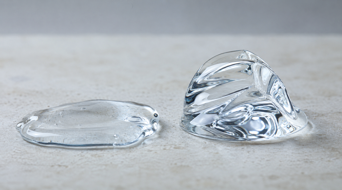 A spread gel beside a firmer structured gel on a neutral surface