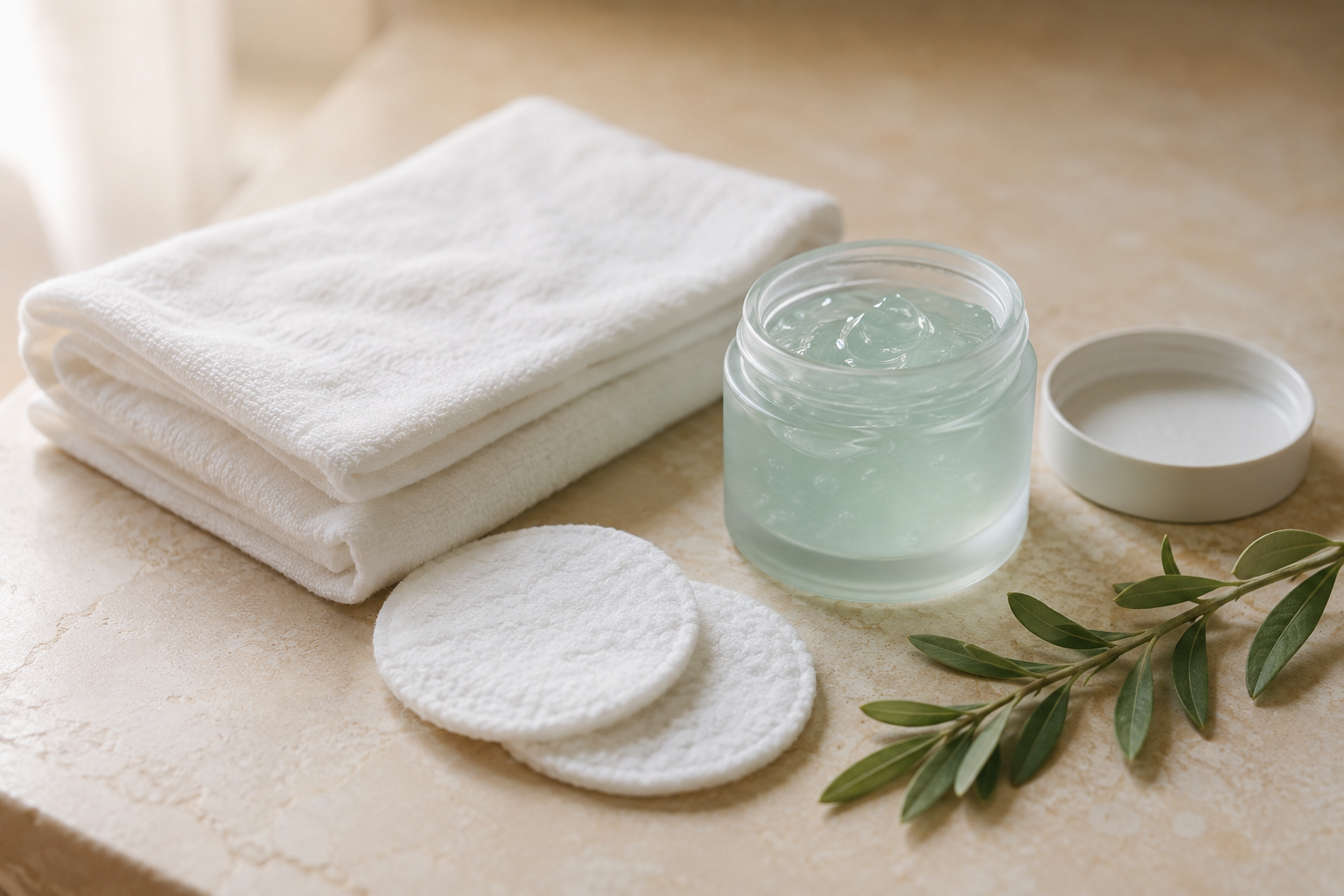 Folded towel, a jar of clear gel and cotton pads for aftercare