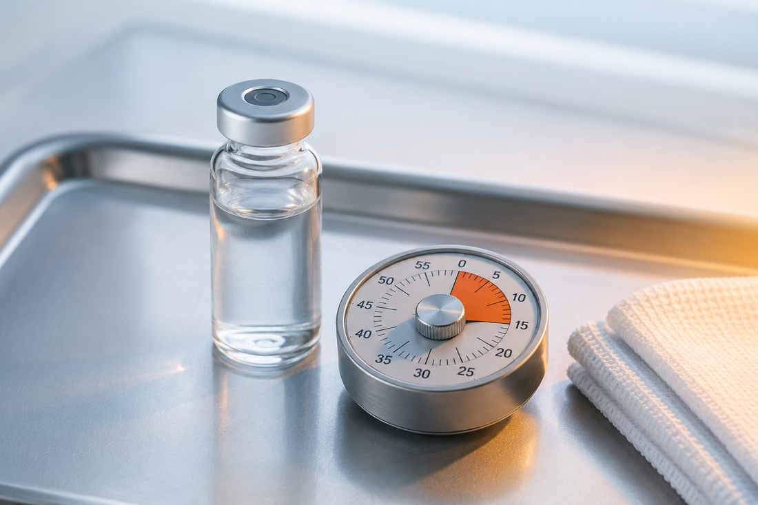 A clear vial beside a countdown timer on a steel tray