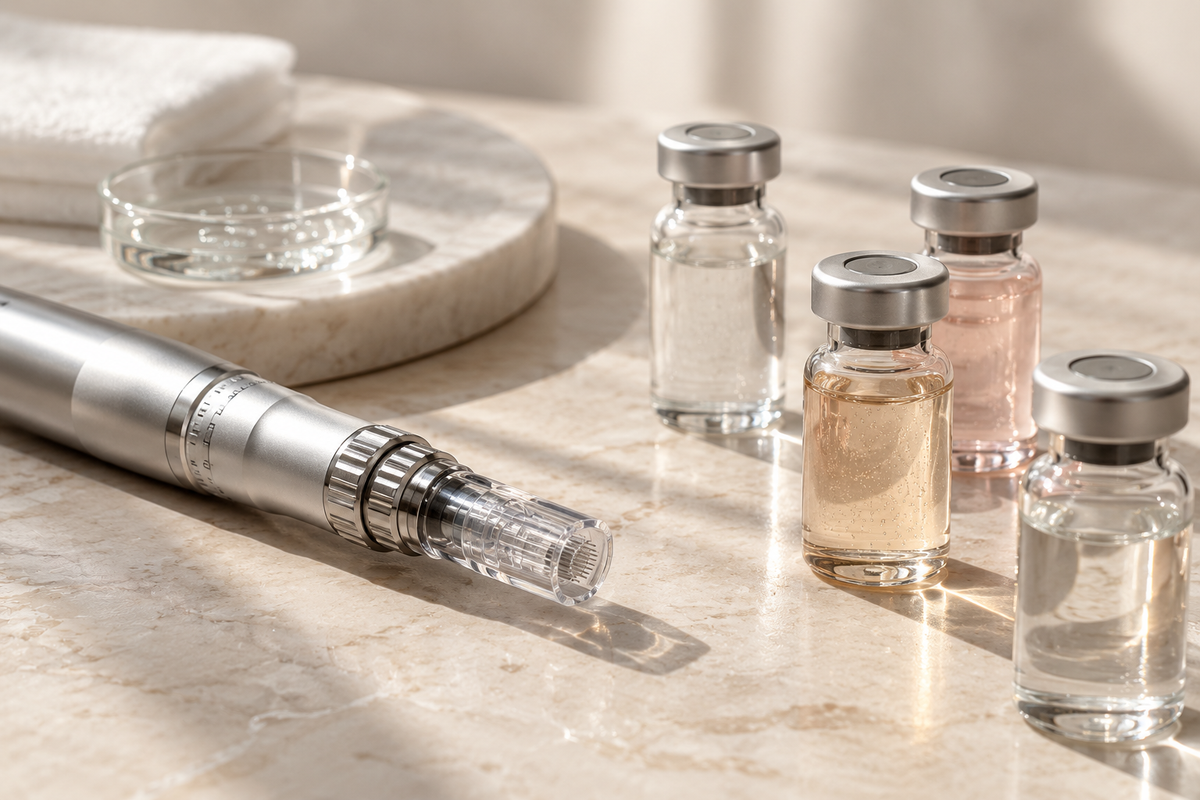 Professional microneedling pen and serum ampoules for UK practitioner guide