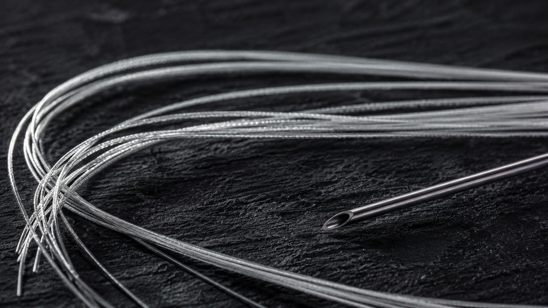 Fine threads beside a needle on a dark surface