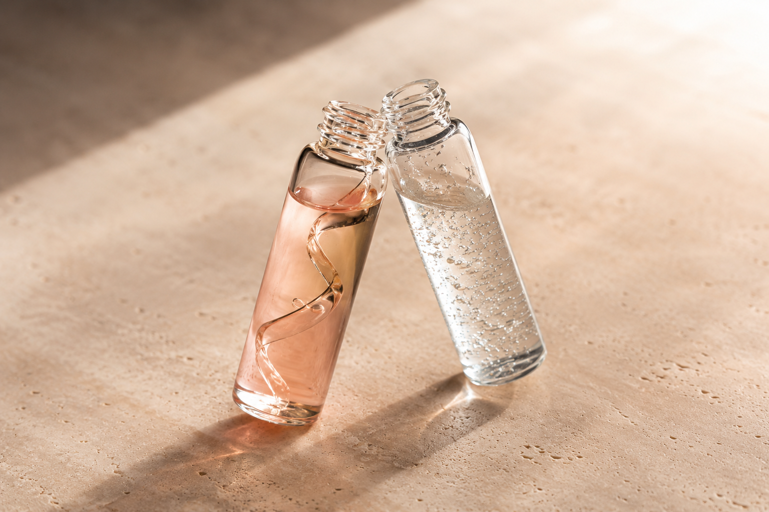 Two treatment vials leaning together in soft light