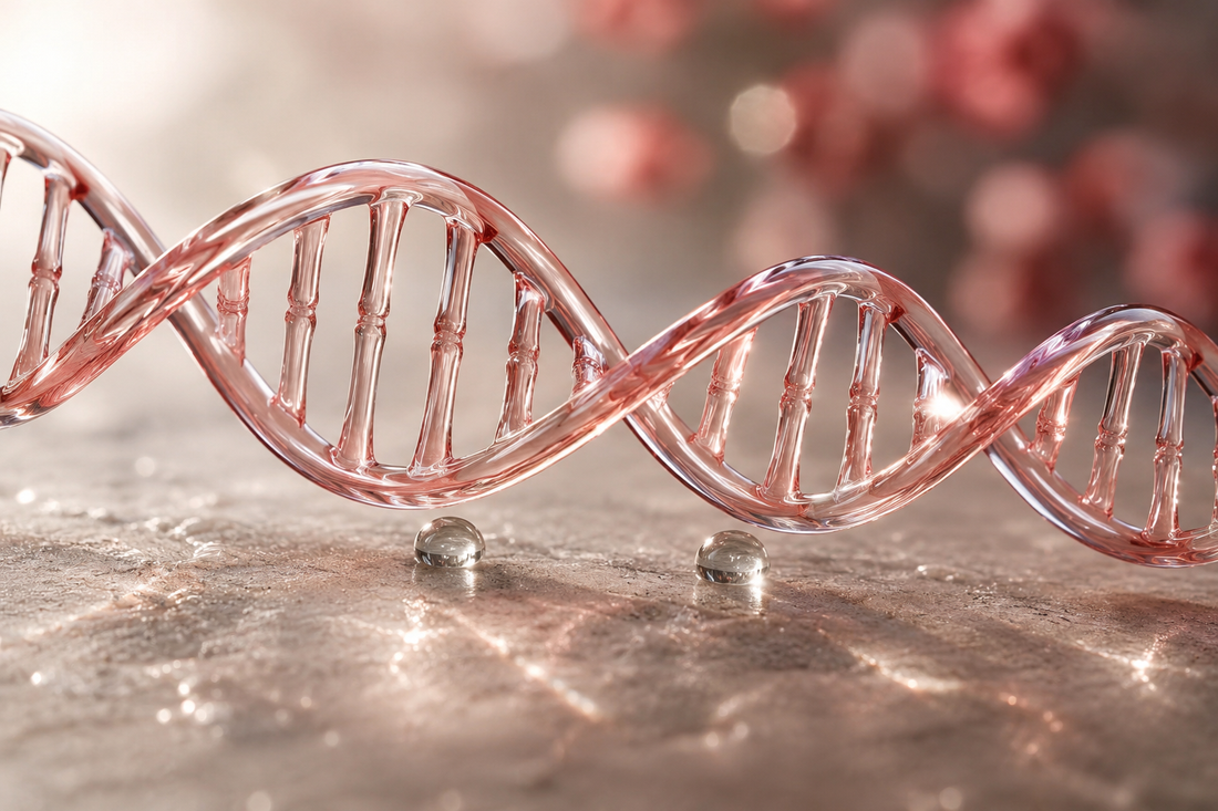 A rose-gold DNA double helix on a soft background
