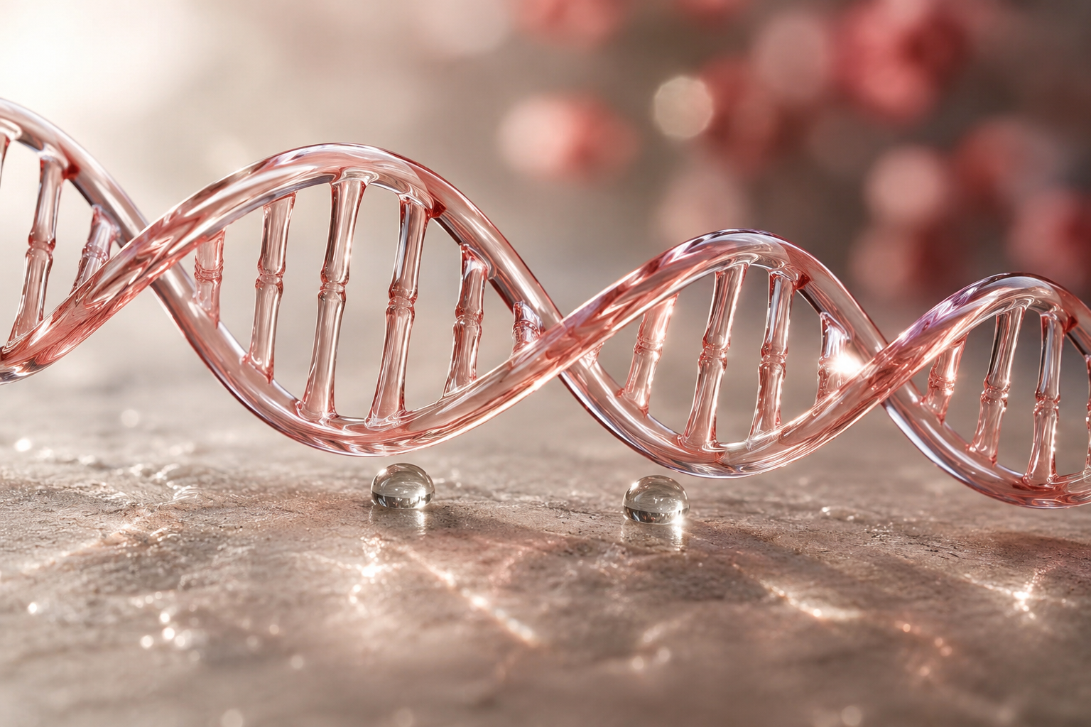 A rose-gold DNA double helix on a soft background
