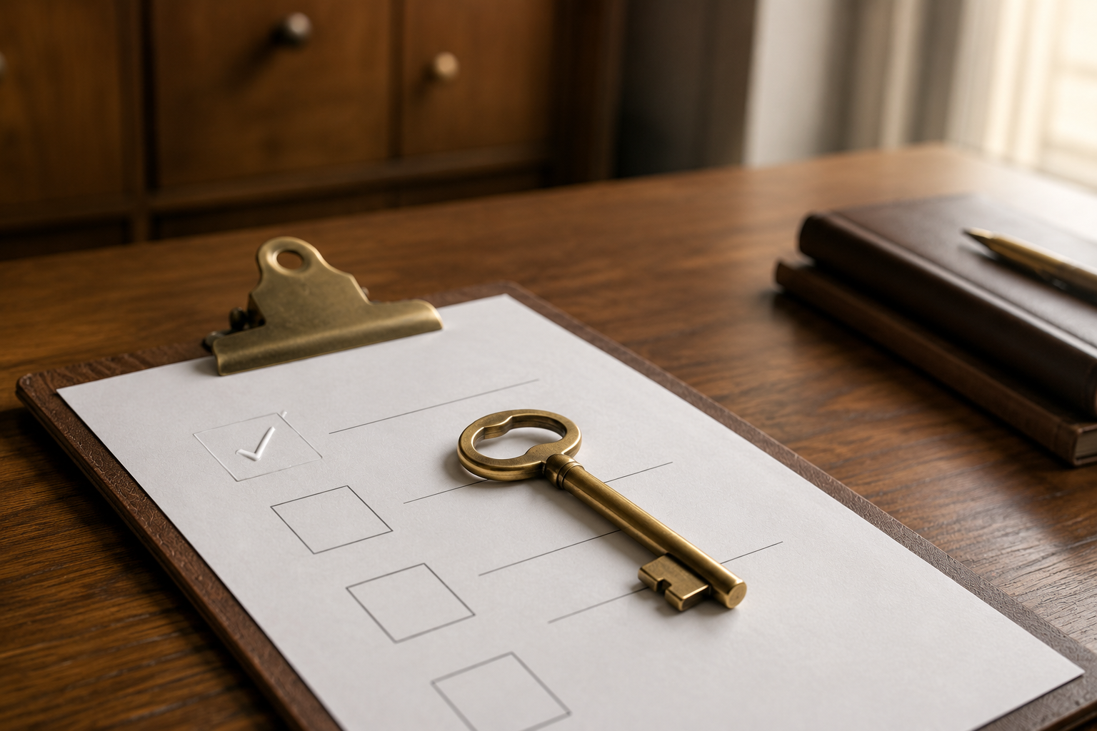 A clipboard checklist with a brass key on a desk