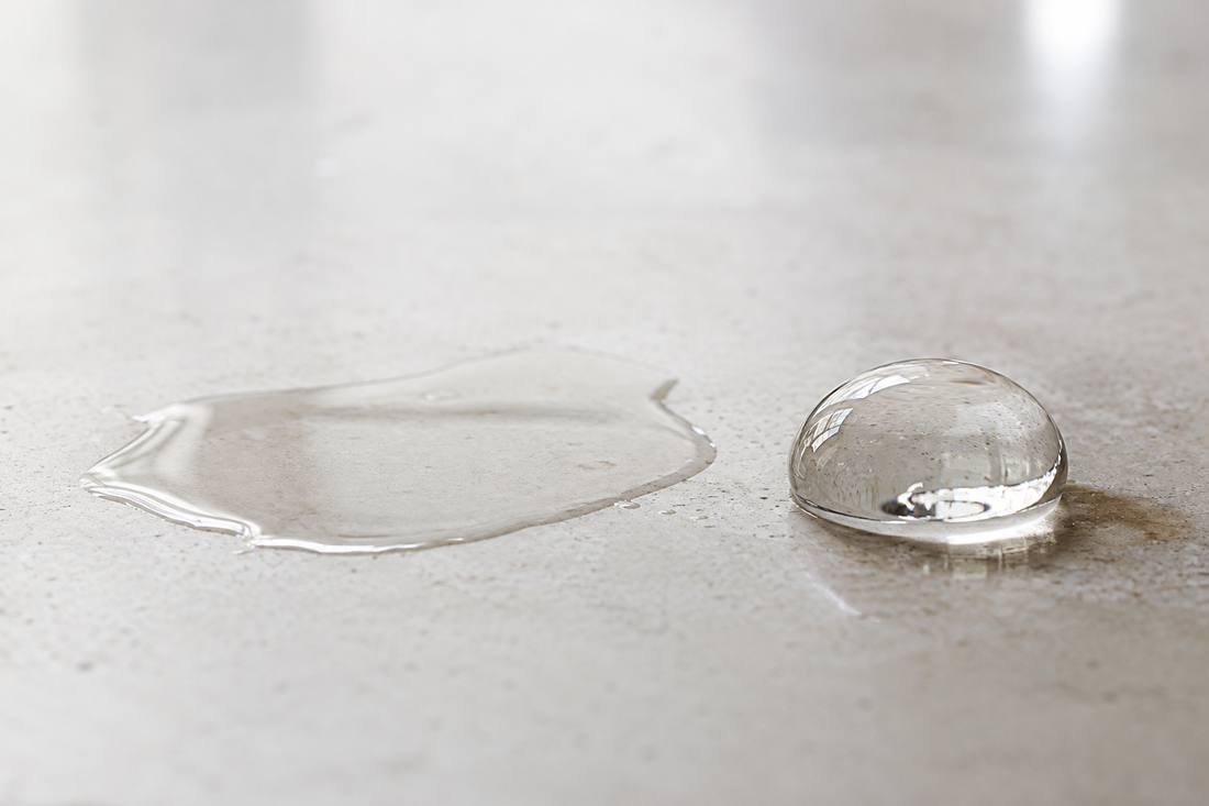 A spreading gel beside a beaded droplet on a neutral surface