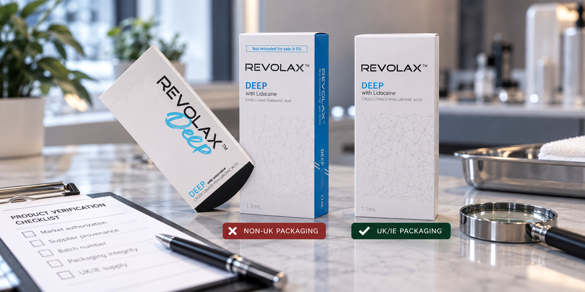 REVOLAX UK and non-UK packaging comparison for UK aesthetic practitioners