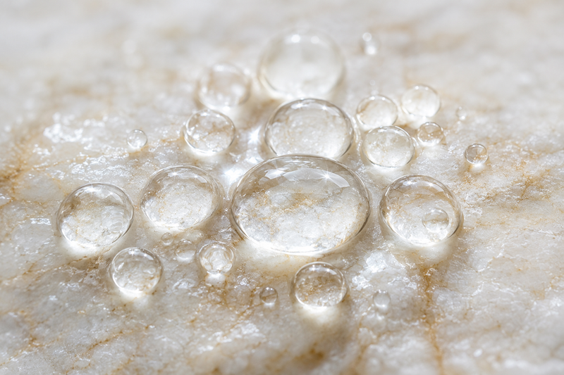Clear gel droplets on a marble surface